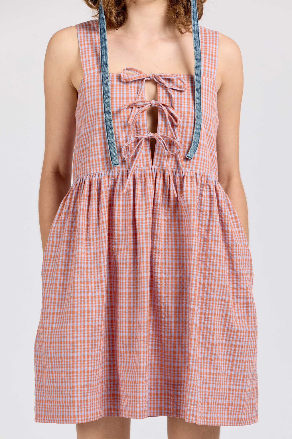 Tie Dress Mini, Seersucker Check, Orange Lilac