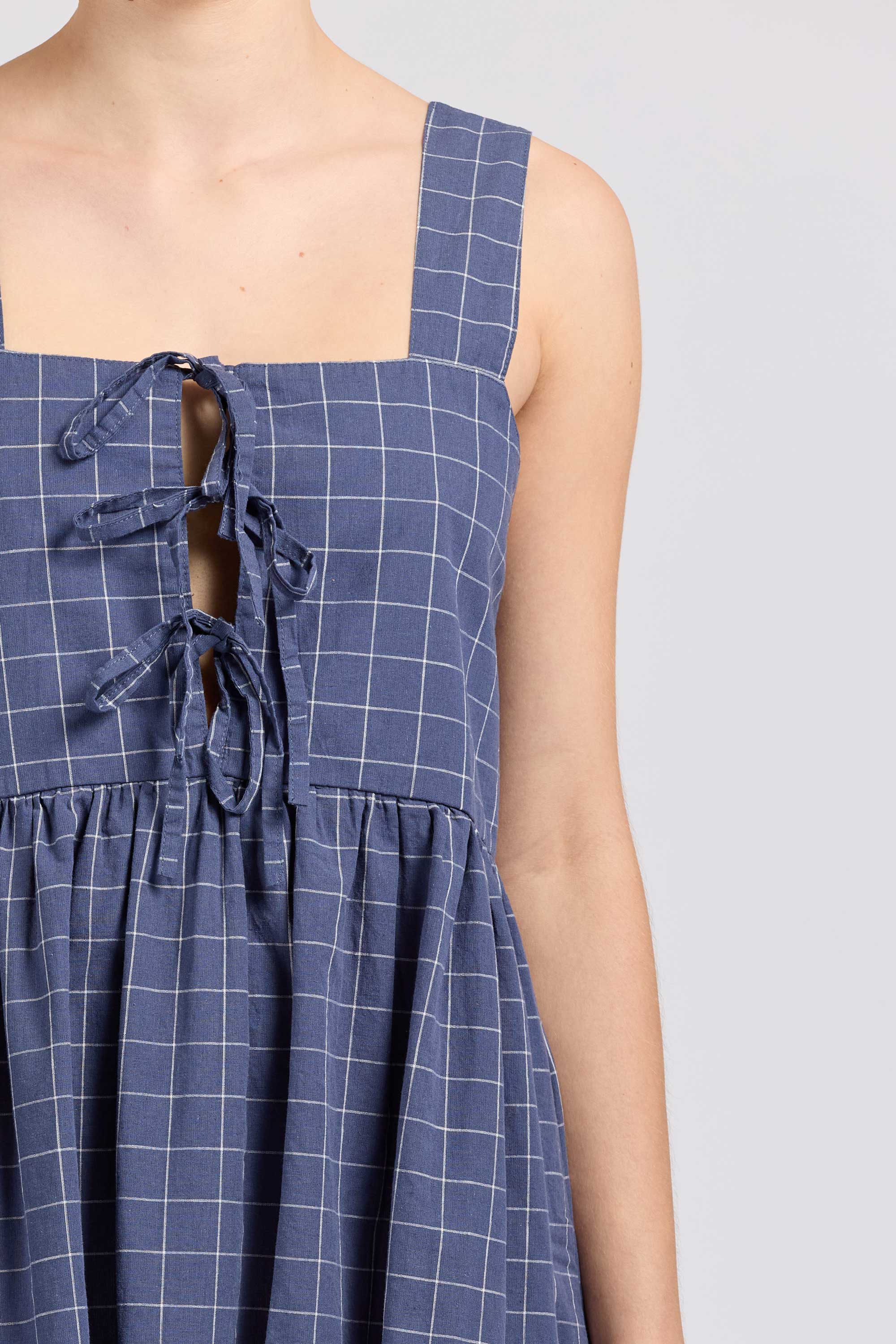 Tie Dress Maxi, Square Check, Navy