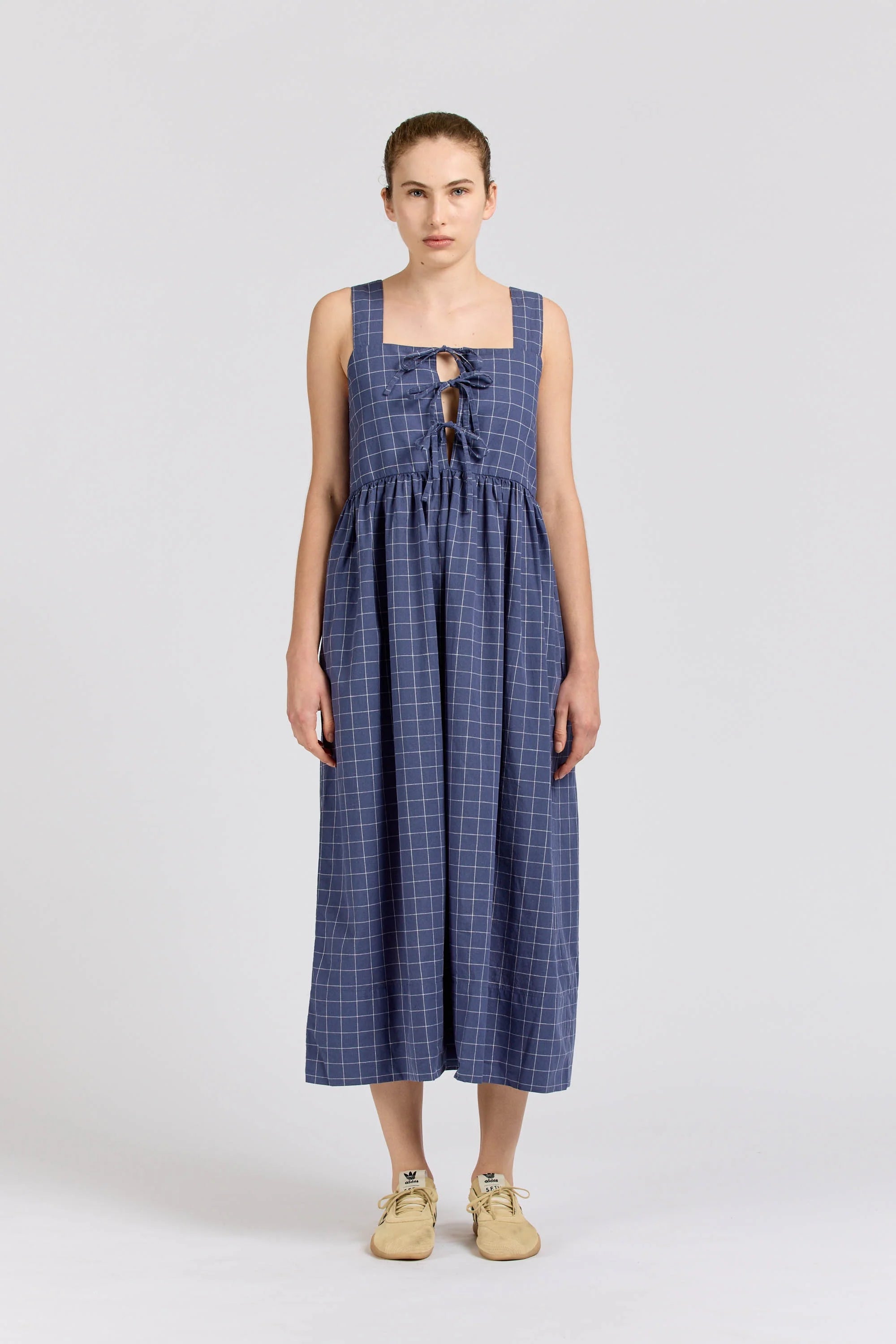 Tie Dress Maxi, Square Check, Navy