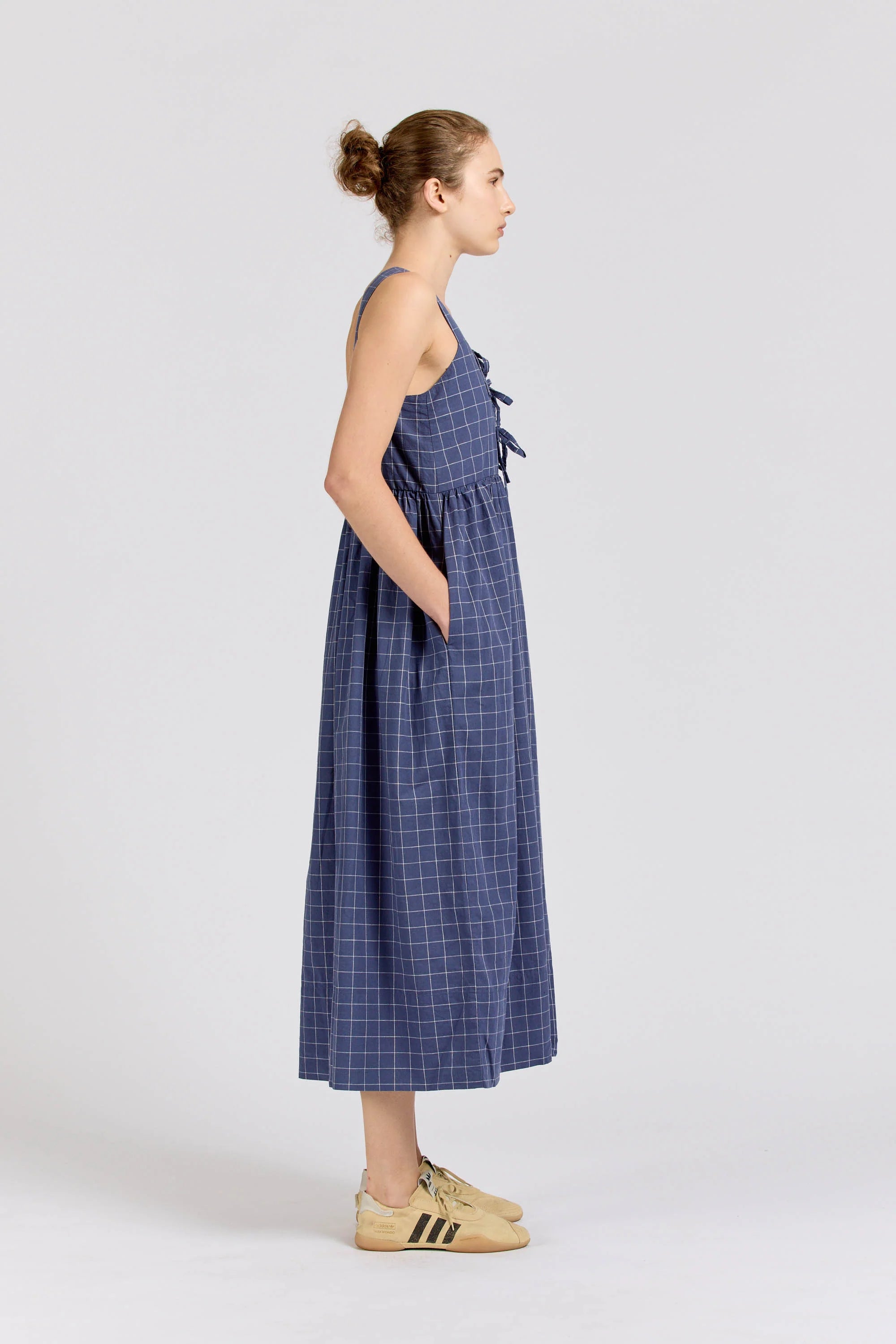 Tie Dress Maxi, Square Check, Navy