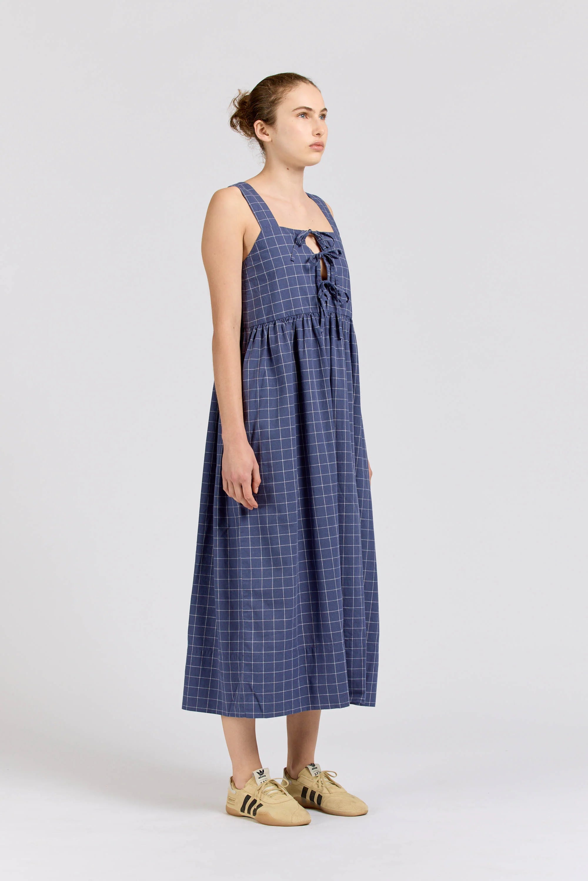 Tie Dress Maxi, Square Check, Navy