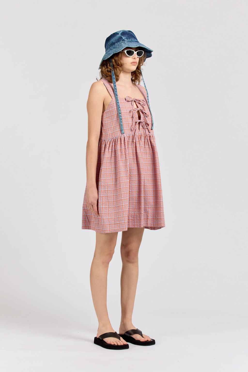 Tie Dress Mini, Seersucker Check, Orange Lilac