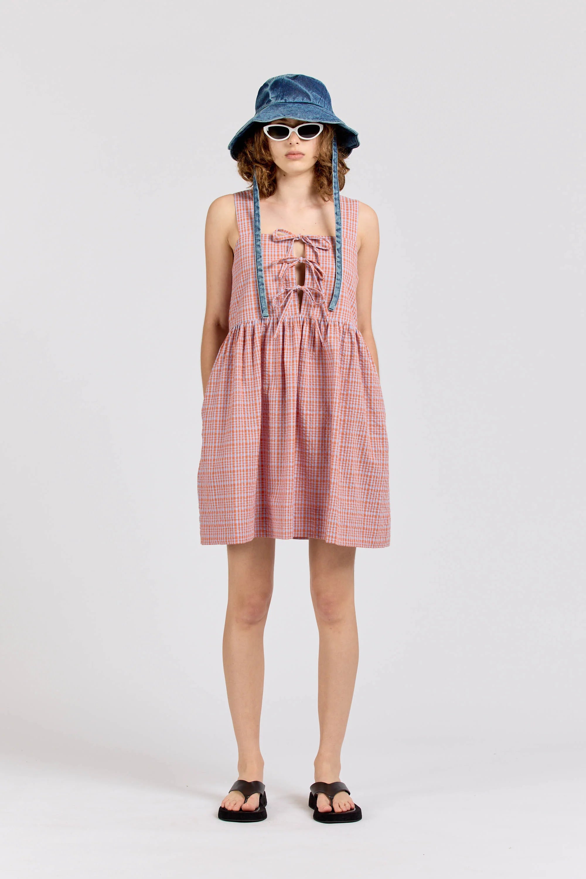 Tie Dress Mini, Seersucker Check, Orange Lilac